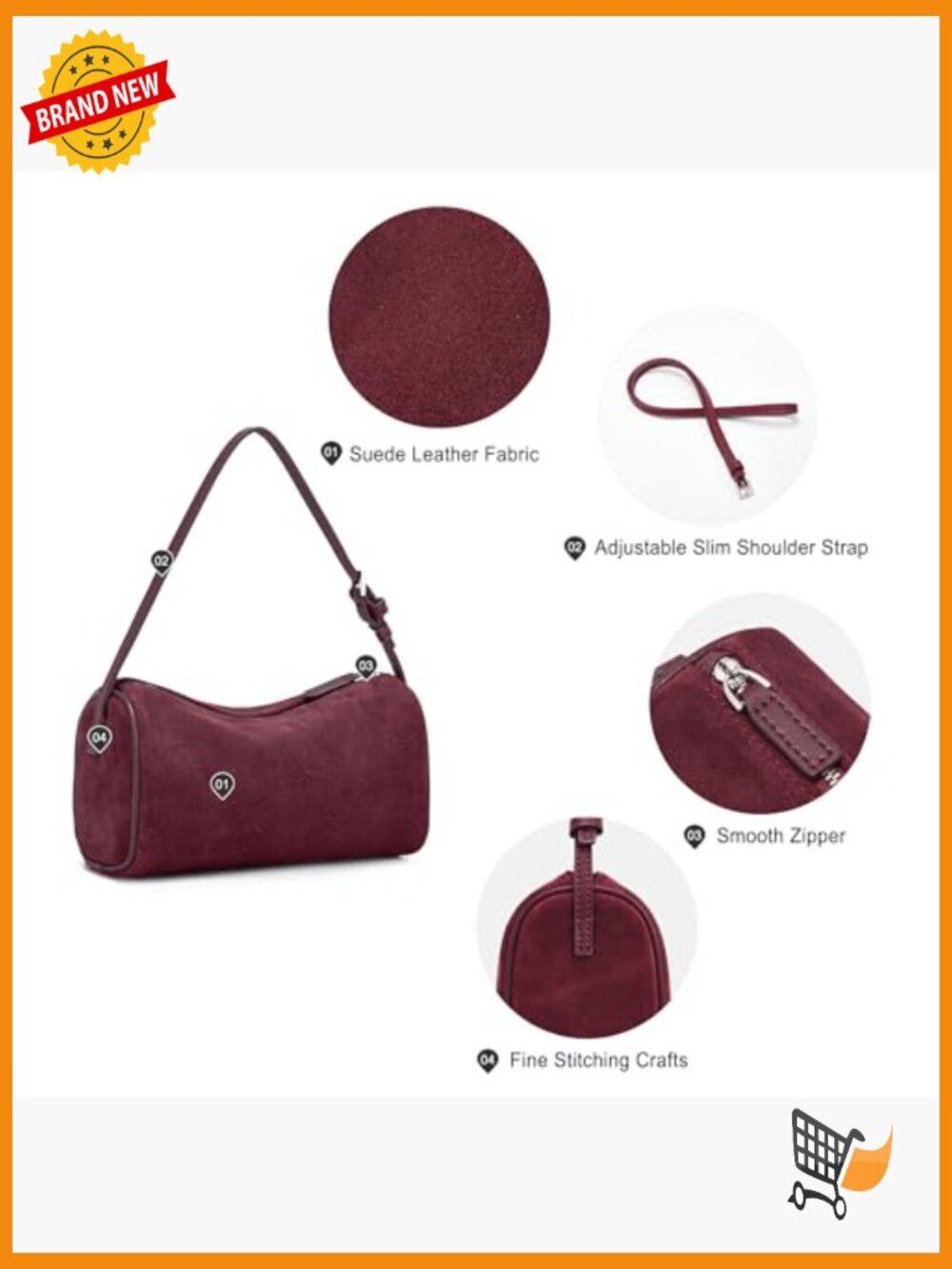 Suede Leather Crossbody Barrel Hobo Bag for Women Small - Picture 5 of 7